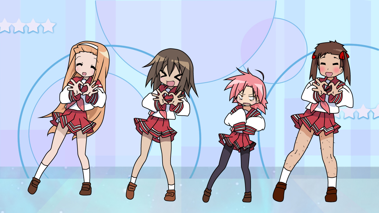 teperyndroors, kogami akira, kusakabe misao, minegishi ayano, shiraishi minoru, lucky star, motteke! serafuku, 00s, 1boy, 3girls, crossdressing, hairy legs, multiple girls, pantyhose, school uniform, serafuku