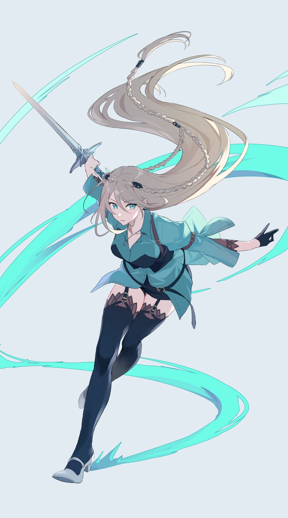 poki (as9861164216765), elaine auclair, eiyuu densetsu, kuro no kiseki (series), kuro no kiseki i, highres, 1girl, blonde hair, braid, crown braid, double-parted bangs, floating hair, full body, gloves, green eyes, grey background, hair between eyes, high heels, holding, holding sword, holding weapon, long hair, looking at viewer, simple background, single braid, single glove, solo, sword, thighhighs, weapon, wind