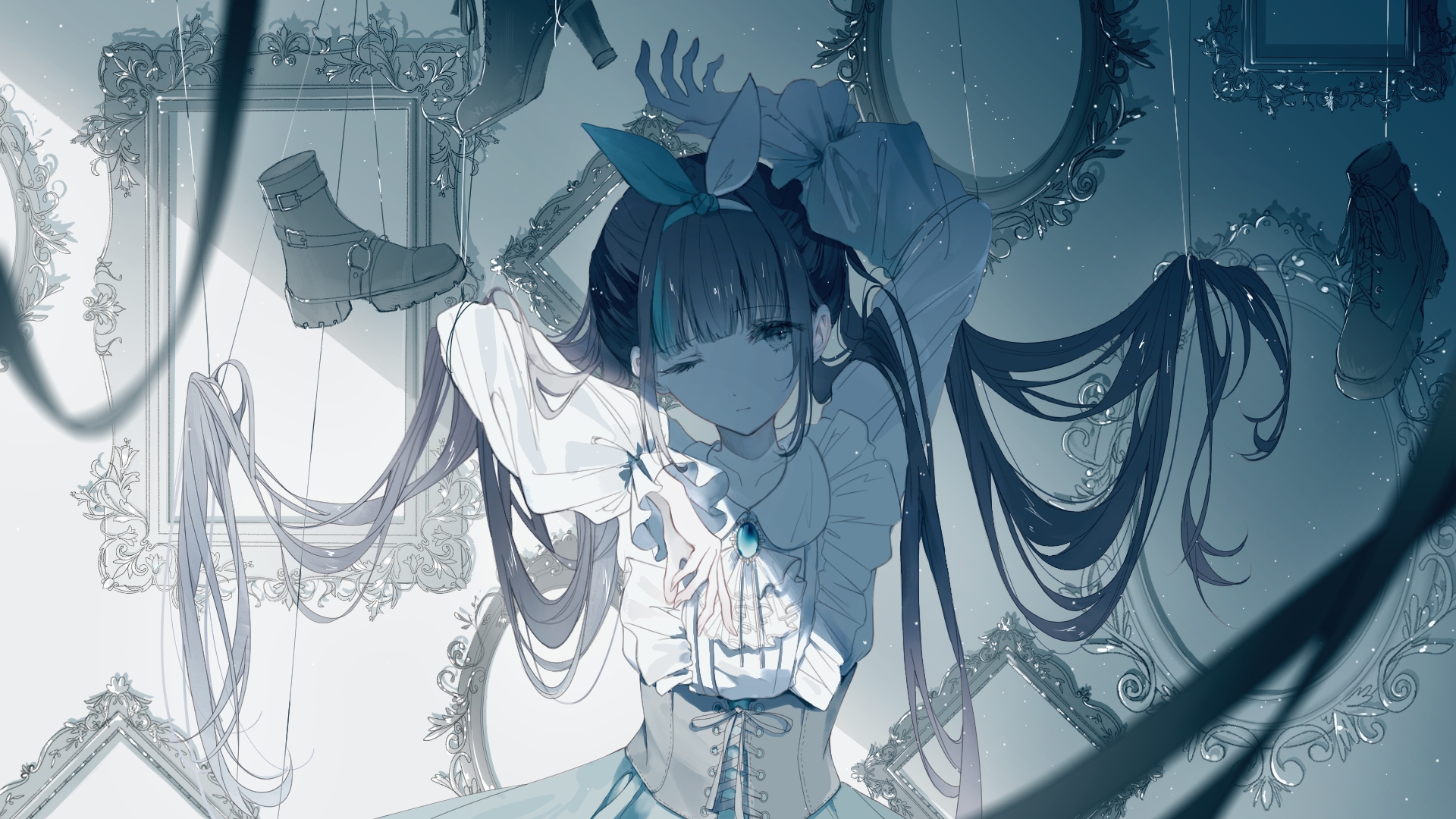 aestivation, original, commentary request, highres, 1girl, ankle boots, arm up, arms up, black hair, black ribbon, black shirt, blue bow, blue hair, blurry, blurry foreground, boots, bow, frilled shirt, frills, grey eyes, hair bow, high-waist skirt, indoors, long hair, looking to the side, multicolored hair, one eye closed, picture frame, ribbon, shadow, shirt, shoes, skirt, solo, streaked hair, two-tone bow, unworn shoes, very long hair, white bow, white shirt