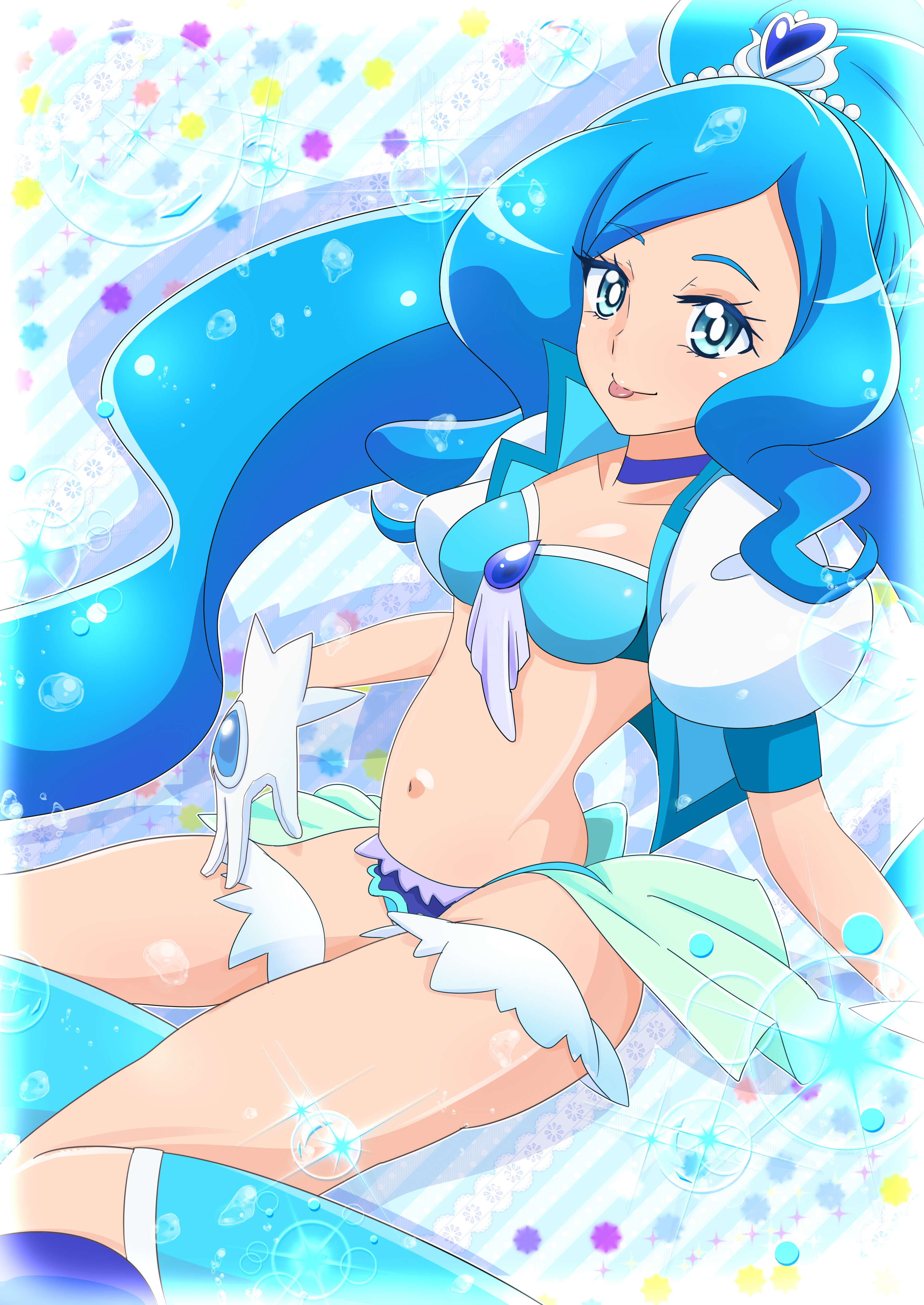 pururun z, cure fontaine, sawaizumi chiyu, healin' good precure, precure, absurdres, highres, non-web source, source request, 1girl, bikini, blue bikini, blue boots, blue hair, boots, breasts, cleavage, earrings, gloves, hair ornament, heart, heart hair ornament, jewelry, knee boots, long hair, looking at viewer, magical girl, medium breasts, navel, ponytail, swimsuit, very long hair, white gloves