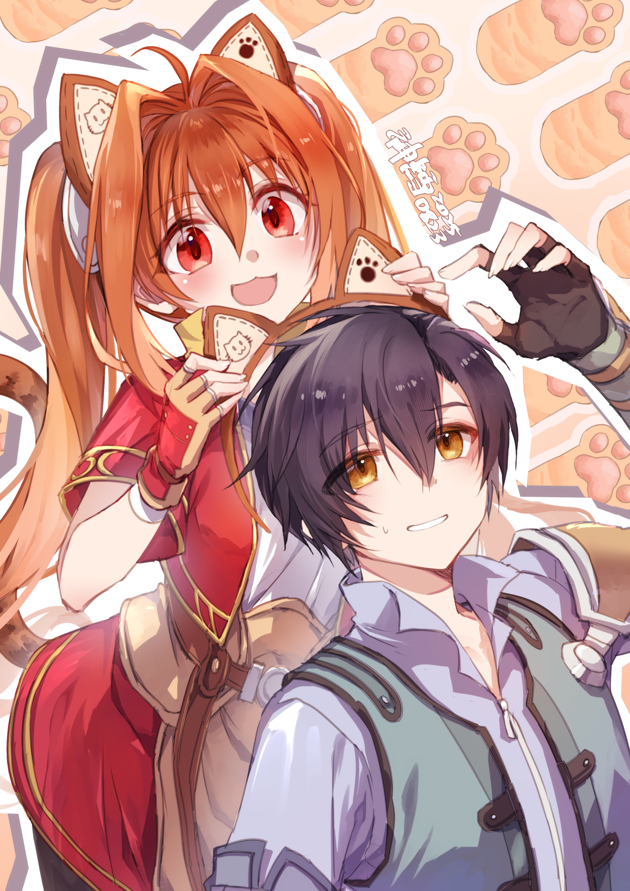 willfin, estelle bright, joshua bright, eiyuu densetsu, sora no kiseki, highres, 1boy, 1girl, ahoge, animal ear hairband, animal ears, antenna hair, armor, black gloves, brown gloves, cat ear hairband, cat ears, cat tail, cropped jacket, double-parted bangs, fake animal ears, fake tail, fingerless gloves, gloves, hair between eyes, hair intakes, hairband, long hair, open mouth, pauldrons, paw print, paw print background, red eyes, short hair, short sleeves, shoulder armor, single pauldron, skirt, smile, sweatdrop, tail, twintails, yellow eyes