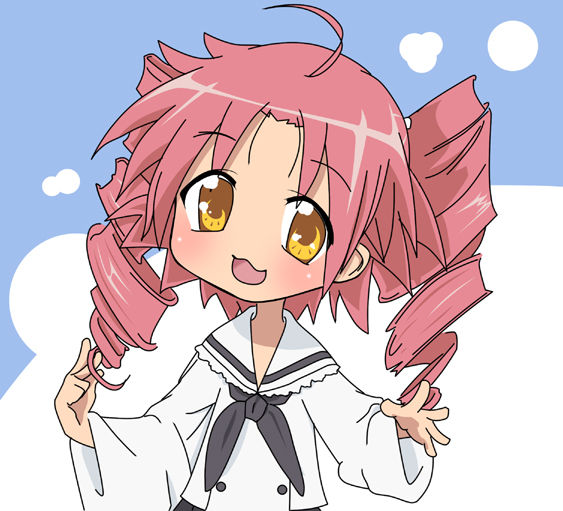 teperyndroors, kogami akira, lucky star, 00s, 1girl, ahoge, black bow, blue sky, blush, bow, buttons, chibi, drill hair, female focus, frills, pink hair, sky, smile, solo, yellow eyes
