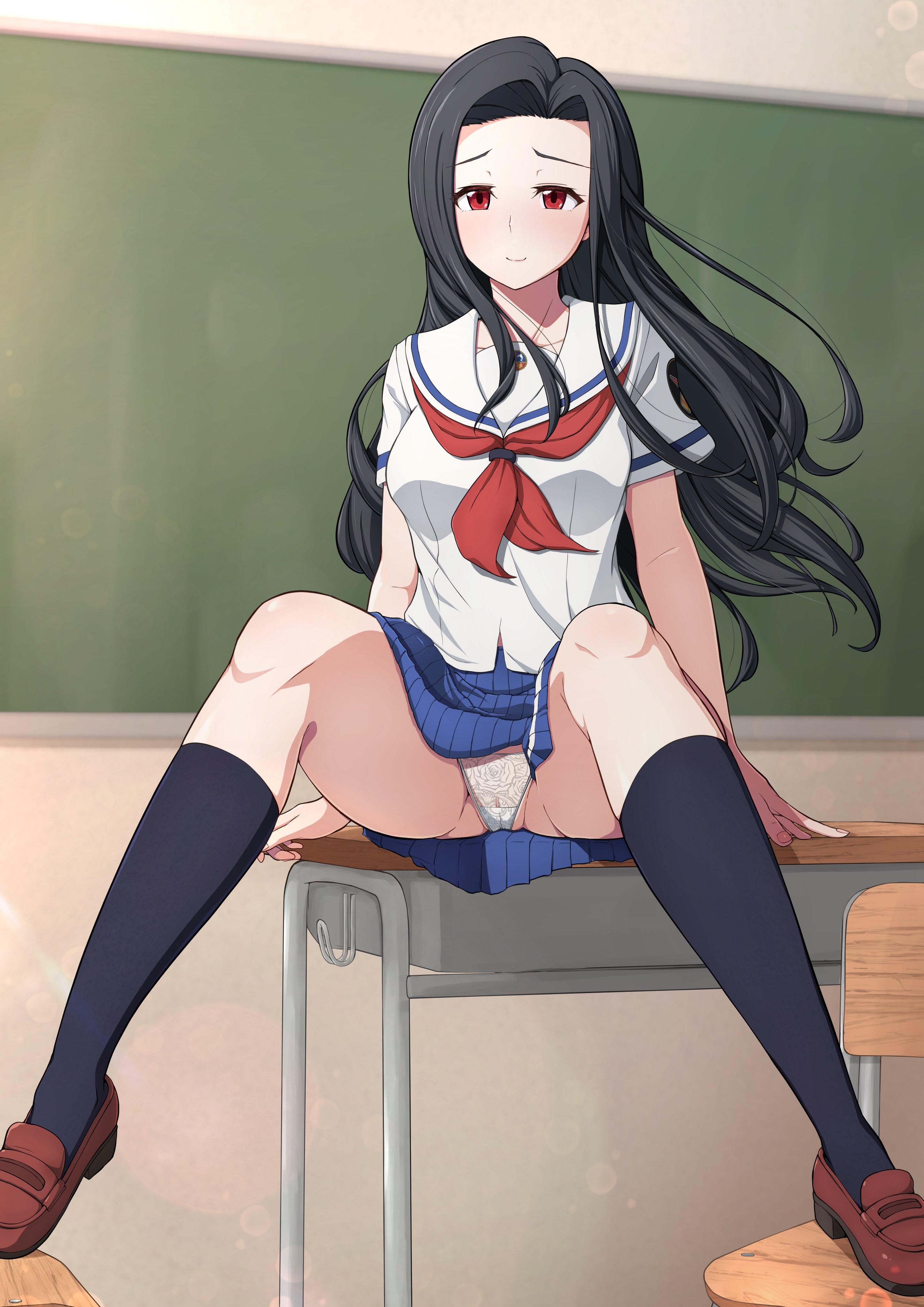 ocza, high school fleet, absurdres, character request, commentary request, highres, second-party source, 1girl, black hair, black socks, blue skirt, brown shoes, cameltoe, chair, desk, forehead, furrowed brow, hand rest, kneehighs, loafers, long hair, miniskirt, neckerchief, on desk, panties, pleated skirt, red eyes, red neckerchief, sailor collar, school chair, school desk, school uniform, serafuku, shoes, short sleeves, sitting, skirt, socks, solo, summer uniform, underwear, very long hair, white panties, white sailor collar
