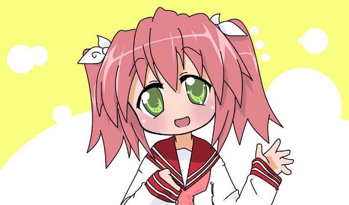 teperyndroors, kobayakawa yutaka, lucky star, 00s, 1girl, female focus, green eyes, pink hair, ryouou school uniform, school uniform, serafuku, solo, twintails