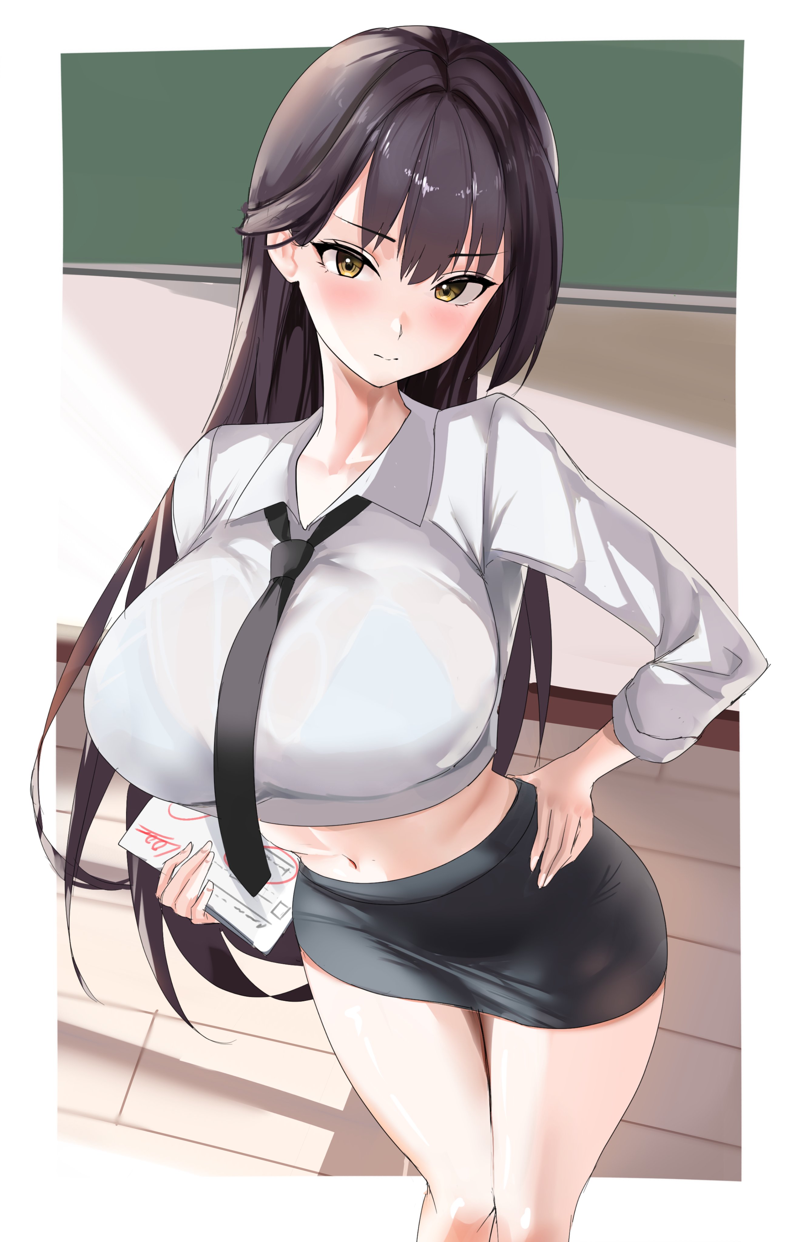 kopepan (kopepann11), marciana (nikke), marciana (school days) (nikke), goddess of victory: nikke, absurdres, hashtag-only commentary, highres, 1girl, black necktie, blush, border, bra visible through clothes, breasts, brown hair, chalkboard, classroom, closed mouth, cropped shirt, from above, hand on own hip, holding, holding paper, indoors, large breasts, long hair, looking at viewer, loose necktie, midriff, miniskirt, navel, necktie, paper, pencil skirt, see-through clothes, see-through shirt, shirt, skirt, sleeves rolled up, solo, very long hair, white border, yellow eyes