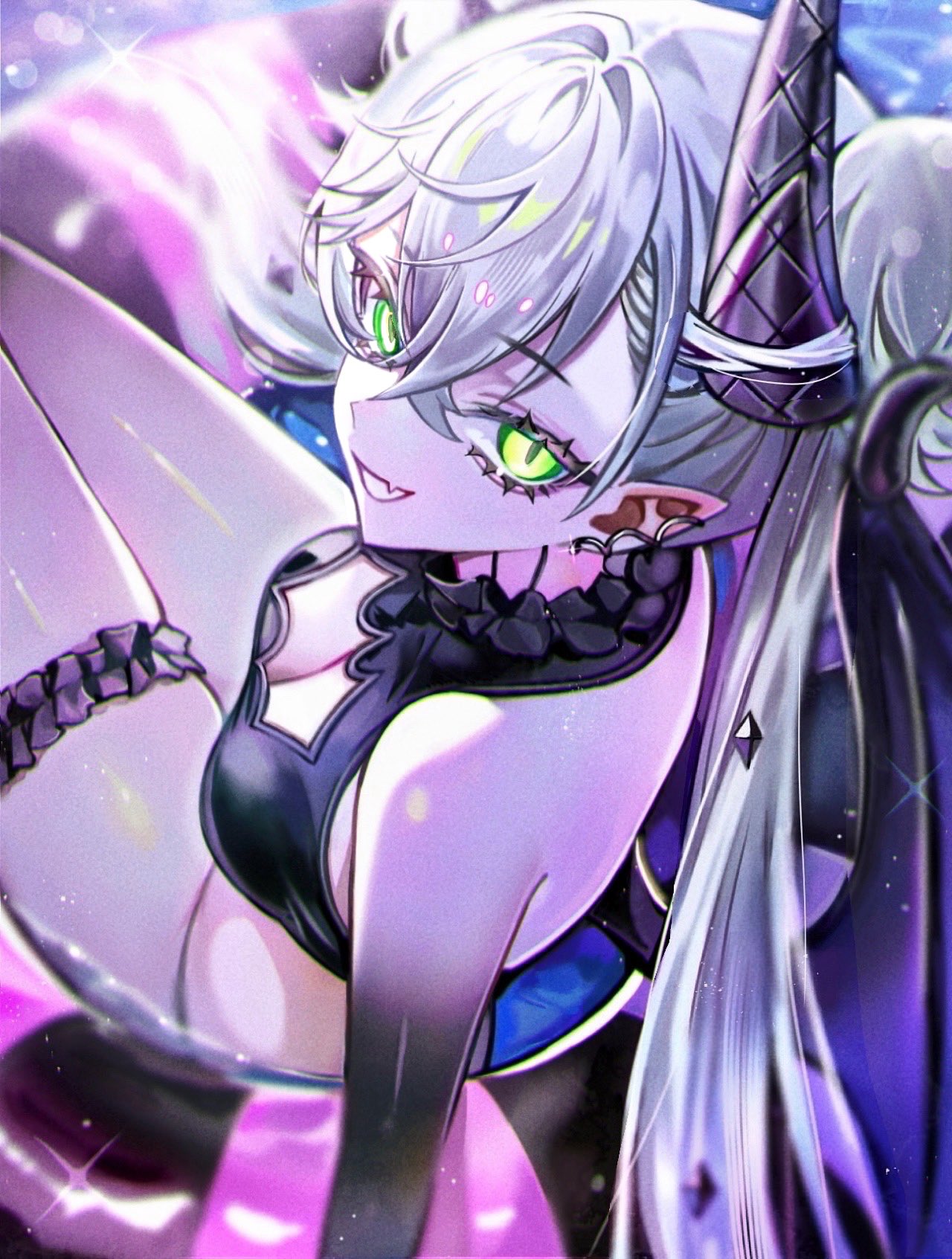 diandao qin, lilith (fate), fate/grand order, fate (series), highres, 1girl, bare shoulders, bikini, black bikini, black hands, body markings, breasts, cleavage, colored extremities, crossed bangs, demon girl, demon horns, ear piercing, frilled thigh strap, green eyes, grey hair, hair between eyes, horns, innertube, lilith (stormy night) (fate), long hair, looking at viewer, medium breasts, piercing, pointy ears, smile, solo, swim ring, swimsuit, thigh strap, thighs, twintails, very long hair