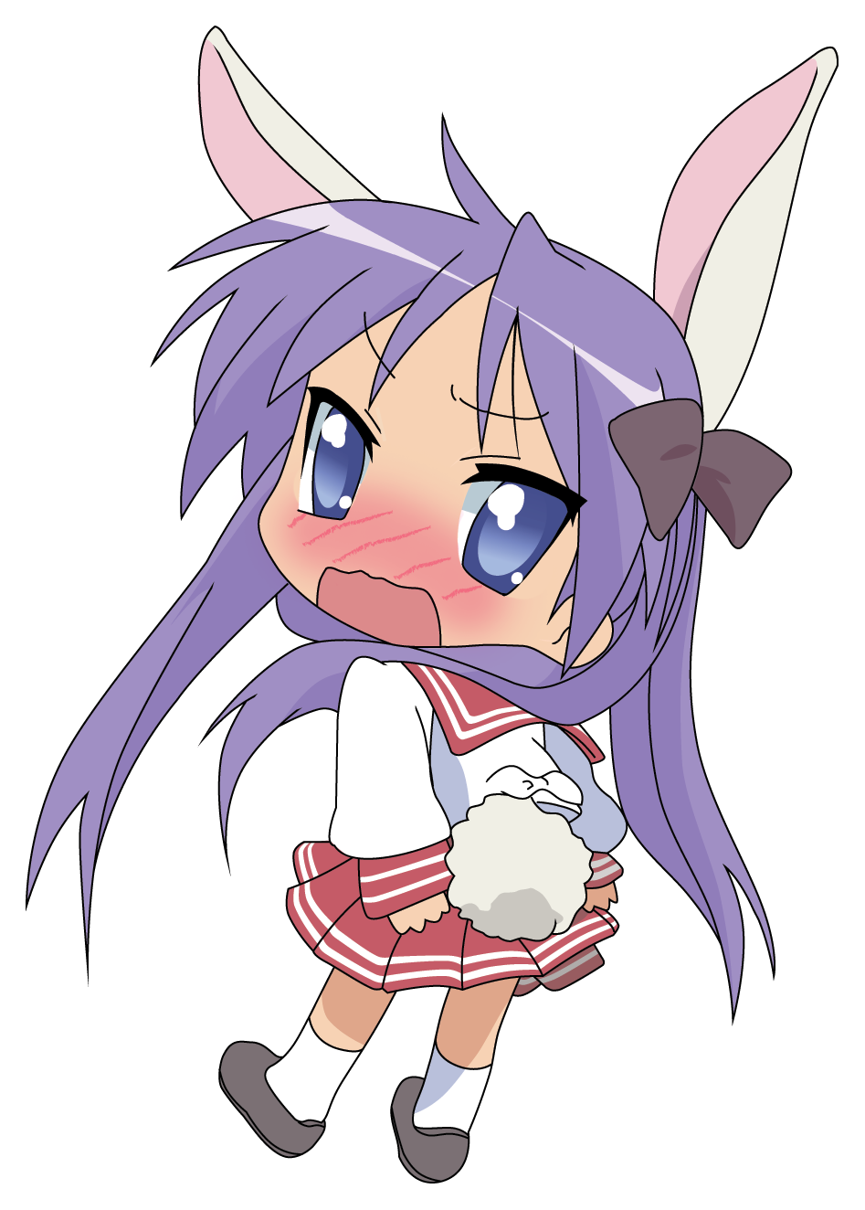 teperyndroors, hiiragi kagami, lucky star, derivative work, highres, vector trace, 00s, animal ears, blue eyes, blush, chibi, full body, long hair, looking back, purple hair, rabbit ears, rabbit tail, school uniform, serafuku, simple background, solo, tail, twintails, white background