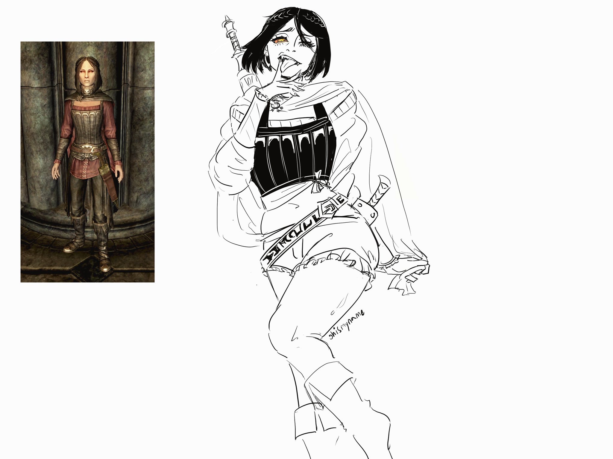 ohismyname, serana, the elder scrolls, the elder scrolls v: skyrim, highres, 1girl, belt, black hair, boots, braid, elder scroll, fangs, game screenshot inset, greyscale, gyaru, hood, knife, monochrome, one eye closed, short hair, short shorts, shorts, simple background, solo, tongue, tongue out, white background, yellow eyes