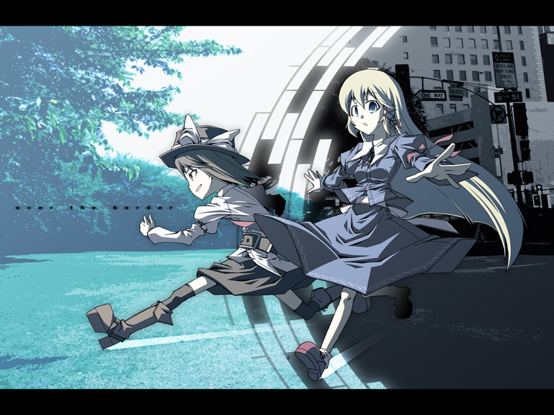 akakage red, red (artist), maribel hearn, usami renko, ghostly field club, touhou, brown footwear, 2girls, black hat, blonde hair, boots, brown skirt, day, dress, dress shirt, fedora, female focus, full body, hat, knee boots, letterboxed, long hair, long sleeves, multiple girls, outdoors, purple dress, road, running, shirt, skirt, street, very long hair, white shirt
