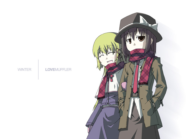 akakage red, red (artist), maribel hearn, usami renko, ghostly field club, touhou, 2girls, female focus, multiple girls, scarf, shared clothes, shared scarf
