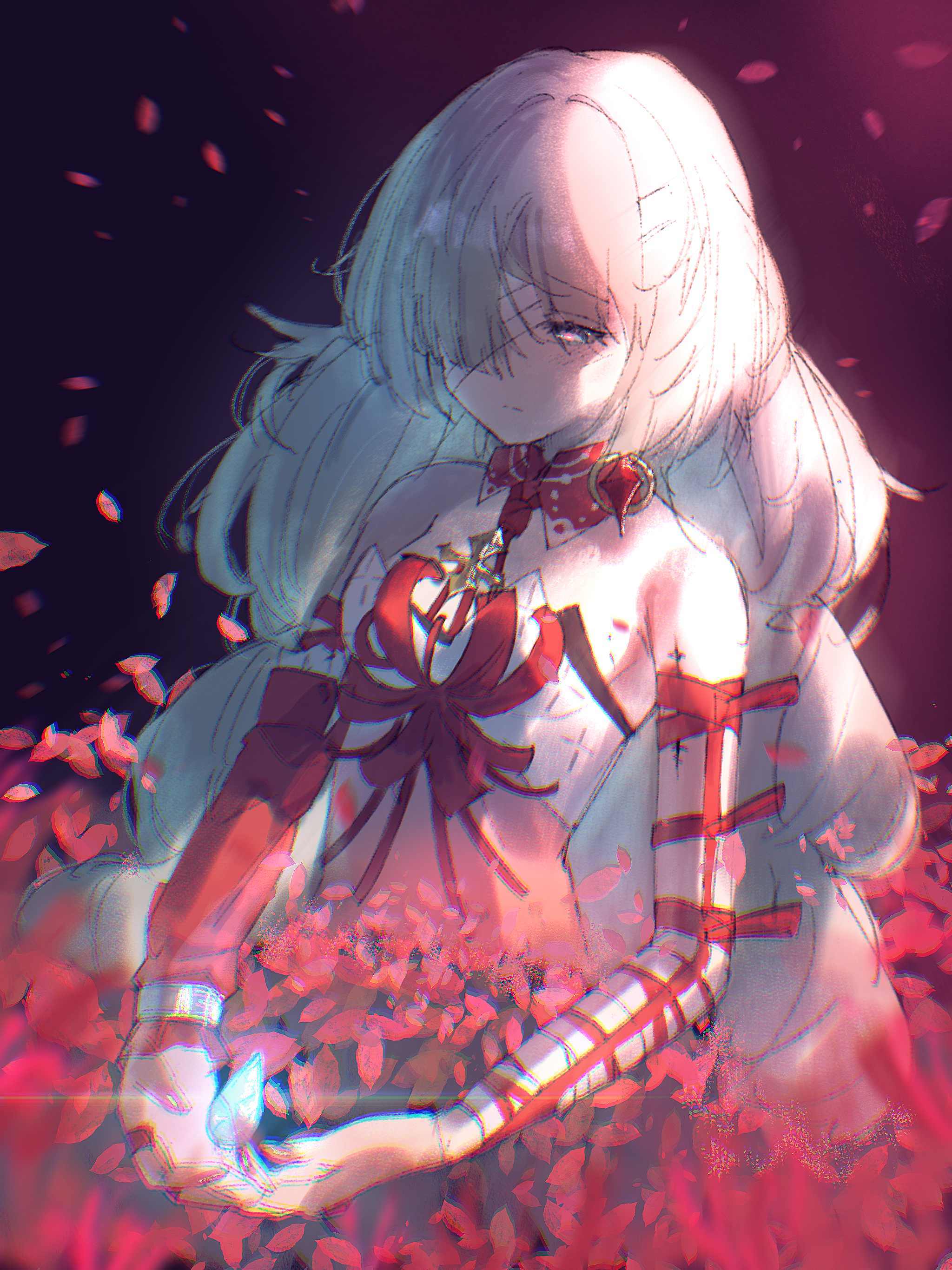 shigureszku, phrolova (wuthering waves), wuthering waves, absurdres, commentary, english commentary, highres, 1girl, bandage over one eye, bandaged arm, bandages, bare shoulders, blue petals, braid, breasts, chromatic aberration, closed mouth, detached sleeves, dress, earrings, grey eyes, grey hair, halter dress, halterneck, heavy chromatic aberration, jewelry, long hair, low twin braids, medium breasts, red dress, red petals, red pupils, single detached sleeve, solo, tacet mark (wuthering waves), twin braids