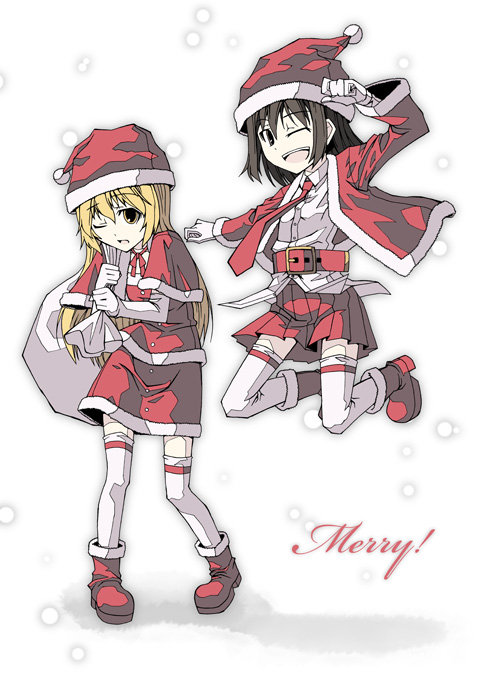 akakage red, red (artist), maribel hearn, usami renko, ghostly field club, touhou, 2girls, ;d, bag, belt, blonde hair, brown hair, capelet, christmas, english text, female focus, gloves, hat, jumping, long hair, multiple girls, necktie, one eye closed, open mouth, santa costume, santa hat, short hair, skirt, smile, snow, snowing, thighhighs