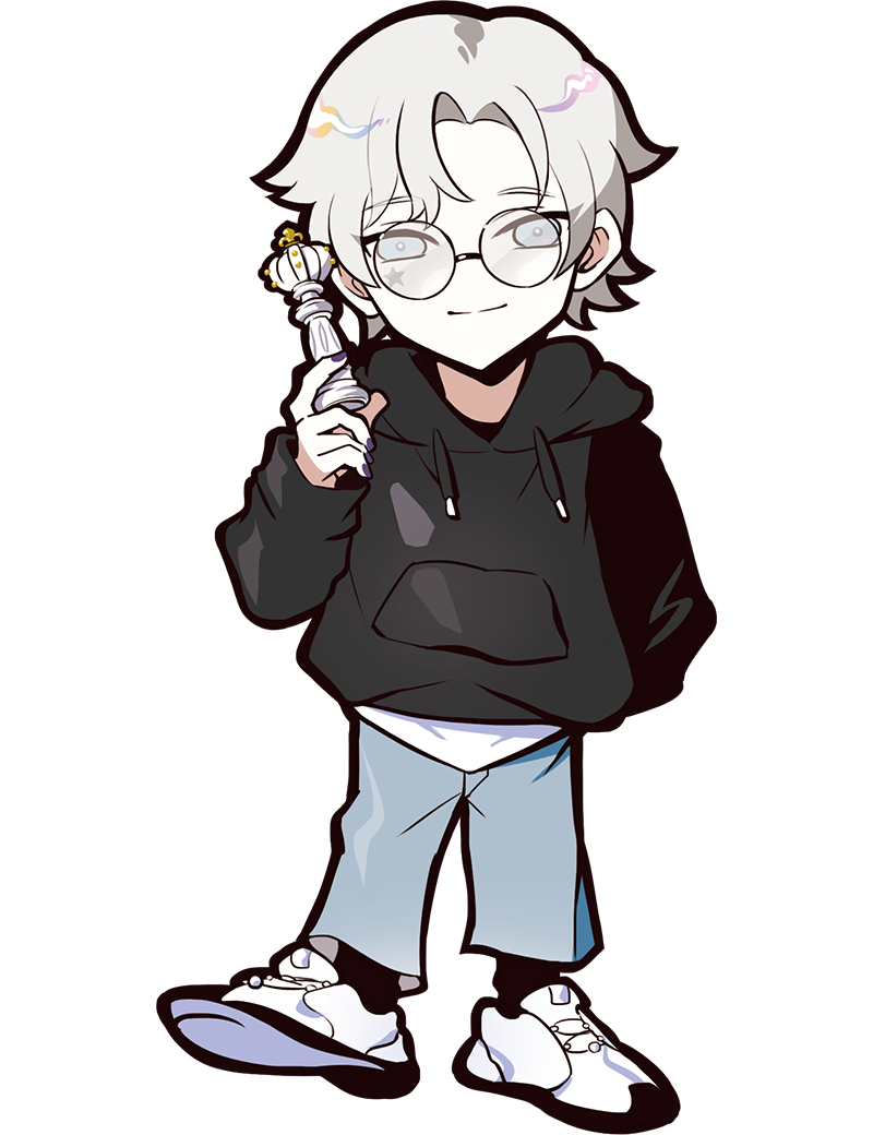 puppeteer7777, crazy raccoon, official art, second-party source, 1boy, anime coloring, aqua pants, arm behind back, astell, black hood, black hoodie, black nails, black sleeve cuffs, black sleeves, black socks, chess piece, denim, eyelashes, eyelashes through hair, facial mark, facing viewer, foot up, full body, glasses, grey eyes, grey hair, hair intakes, holding, holding chess piece, hood, hood down, hoodie, jeans, king (chess), long sleeves, looking at viewer, male focus, mark under eye, nail polish, pants, pocket, puffy long sleeves, puffy sleeves, round eyewear, shirt, shoe soles, shoes, short hair, smile, sneakers, socks, solo, split mouth, star (symbol), star facial mark, tachi-e, thick lineart, transparent background, tsurime, two-sided pants, undershirt, white shirt, white shoes, white undershirt