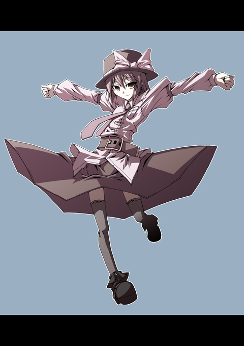 akakage red, red (artist), usami renko, ghostly field club, touhou, 1girl, belt, bow, breast pocket, brown eyes, brown hair, female focus, hat, necktie, pocket, solo, thighhighs