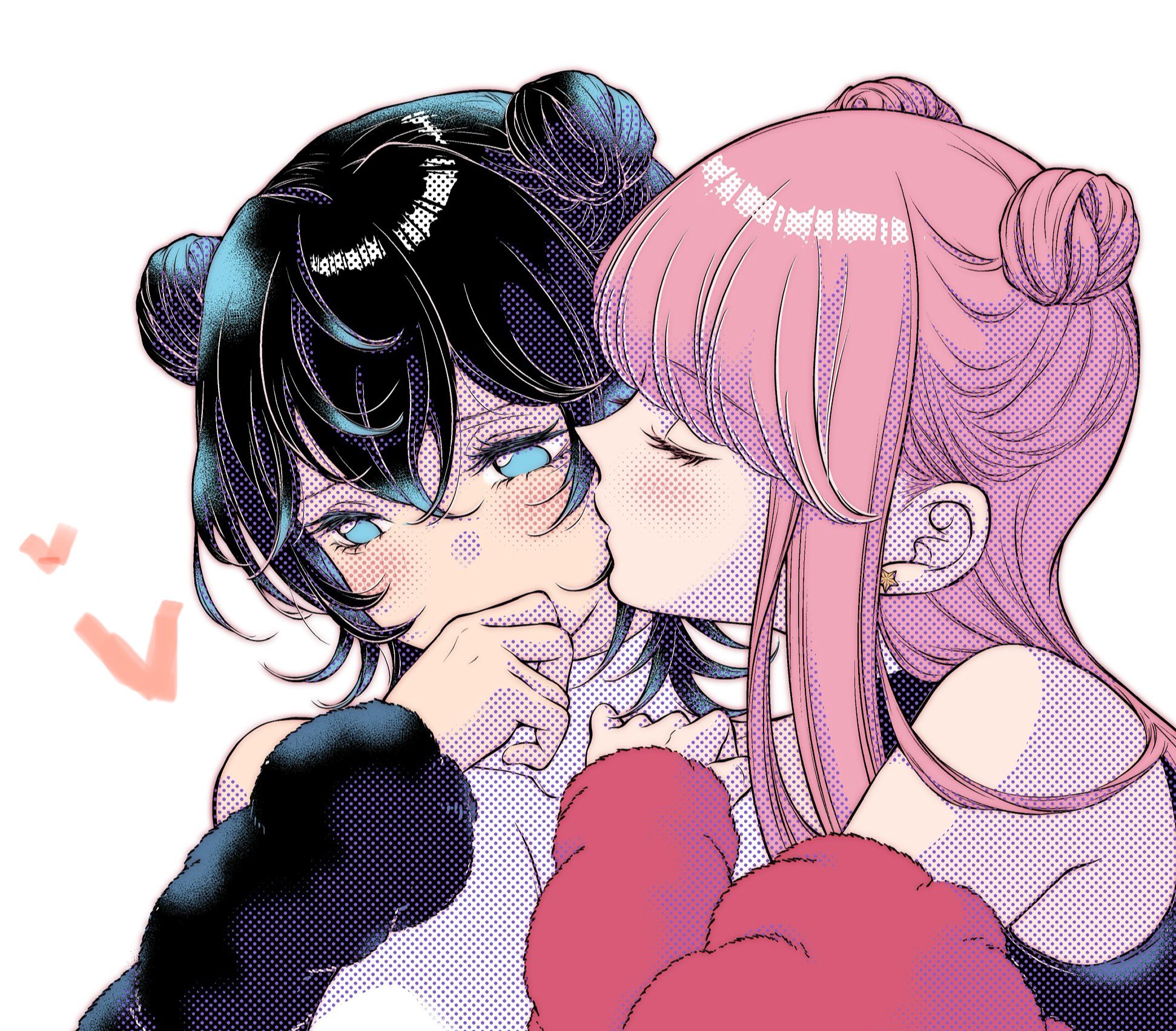 iwami kiyoko, asahina yuni, taki fuuko, kyou wa kanojo ga inai kara, commentary request, highres, 2girls, aqua eyes, black hair, black shirt, black sleeves, closed eyes, covering own mouth, crossed bangs, detached sleeves, dithering, double-parted bangs, double bun, earrings, empty eyes, eyelashes, hair between eyes, hair bun, hand up, heart, jewelry, kiss, kissing cheek, long bangs, long hair, medium hair, multiple girls, pink hair, red sleeves, shirt, simple background, star (symbol), star earrings, two side up, upper body, white background, white shirt, yuri
