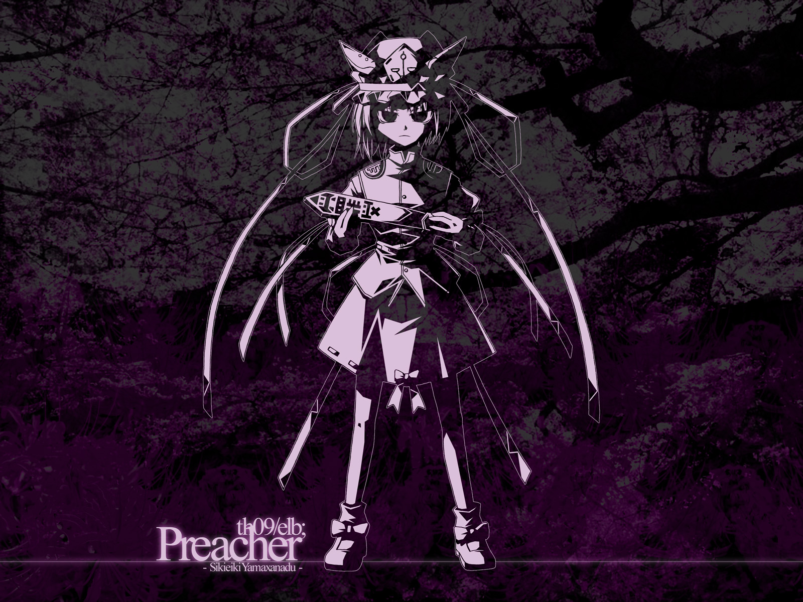 akakage red, red (artist), shiki eiki, touhou, highres, 1girl, dark, female focus, frown, hat, monochrome, purple theme, rod of remorse, solo, standing, tree