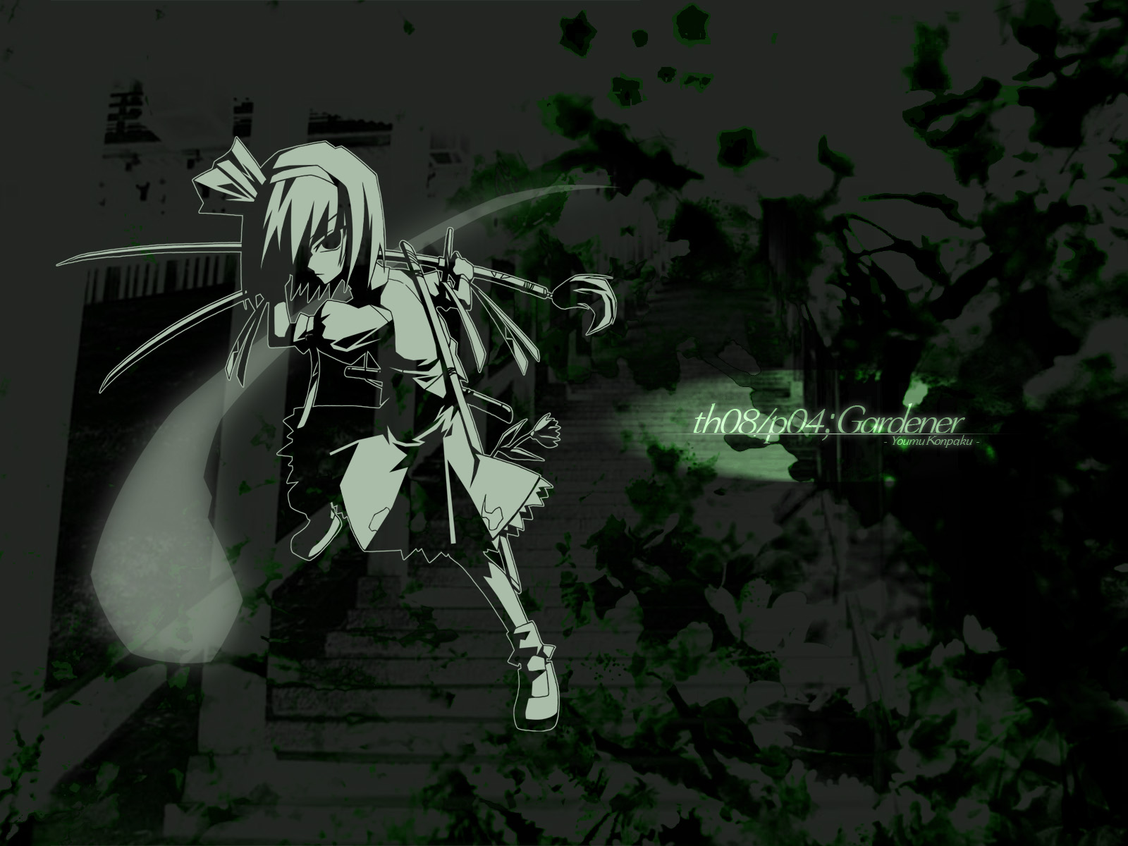akakage red, red (artist), konpaku youmu, konpaku youmu (ghost), touhou, highres, 1girl, dark, female focus, green theme, hitodama, katana, monochrome, solo, sword, weapon