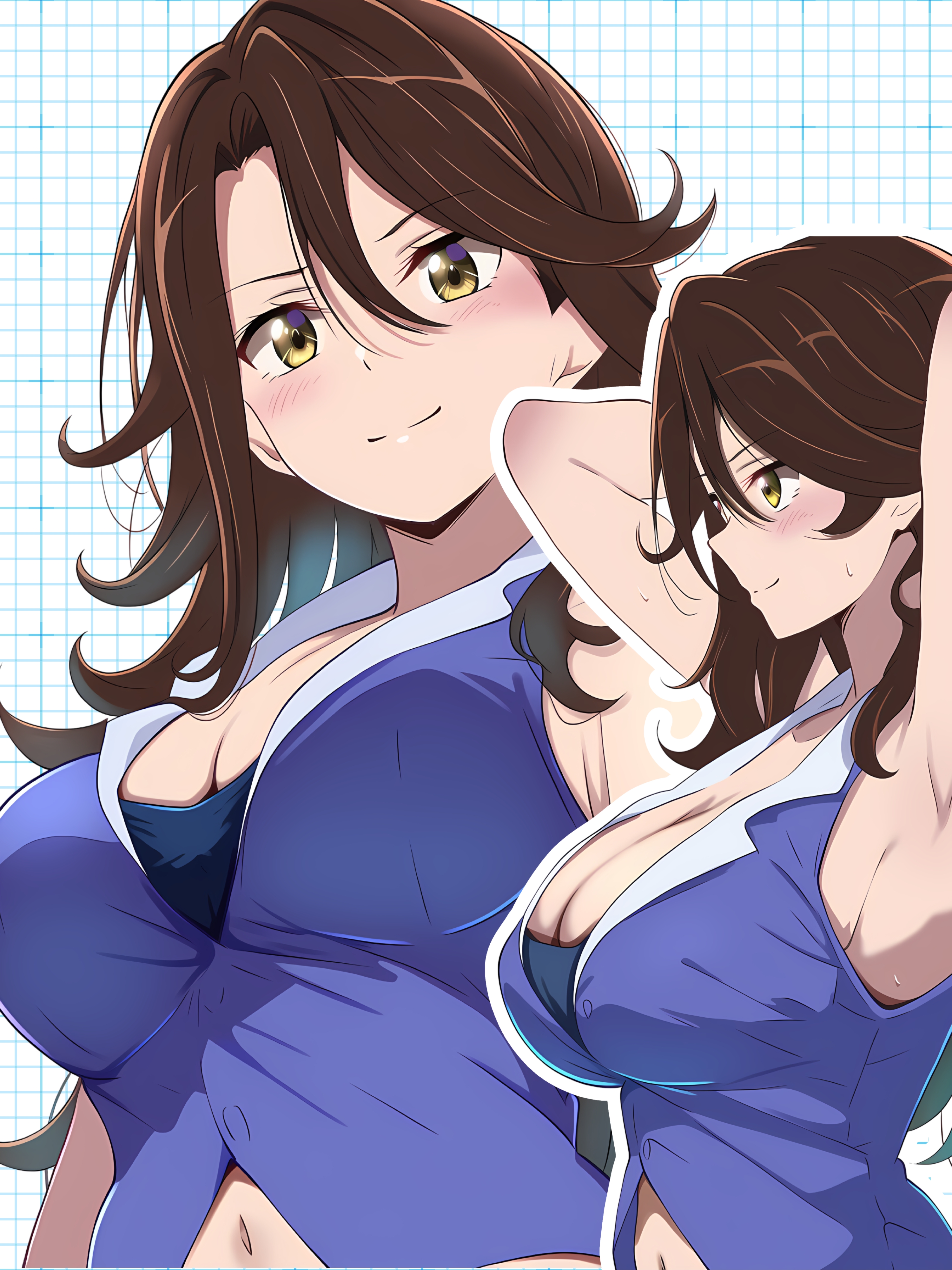 borgbutler, sumeragi lee noriega, gundam, gundam 00, absurdres, commentary request, highres, 1girl, armpits, arms up, blue shirt, blush, breasts, brown eyes, brown hair, cleavage, closed mouth, from side, hair between eyes, large breasts, long hair, multiple views, navel, shirt, simple background, sleeveless, sleeveless shirt, smile, white background