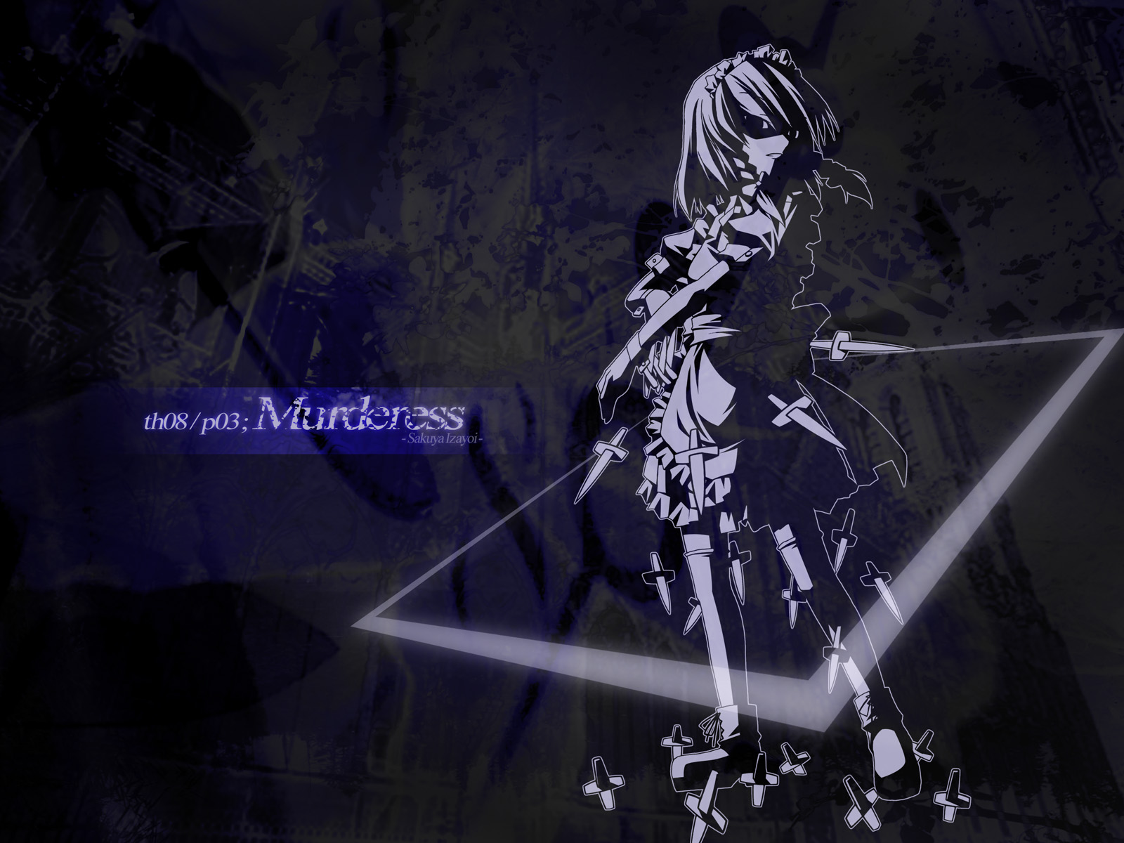 akakage red, red (artist), izayoi sakuya, touhou, highres, 1girl, dark, female focus, knife, monochrome, purple theme, solo, throwing knife, weapon