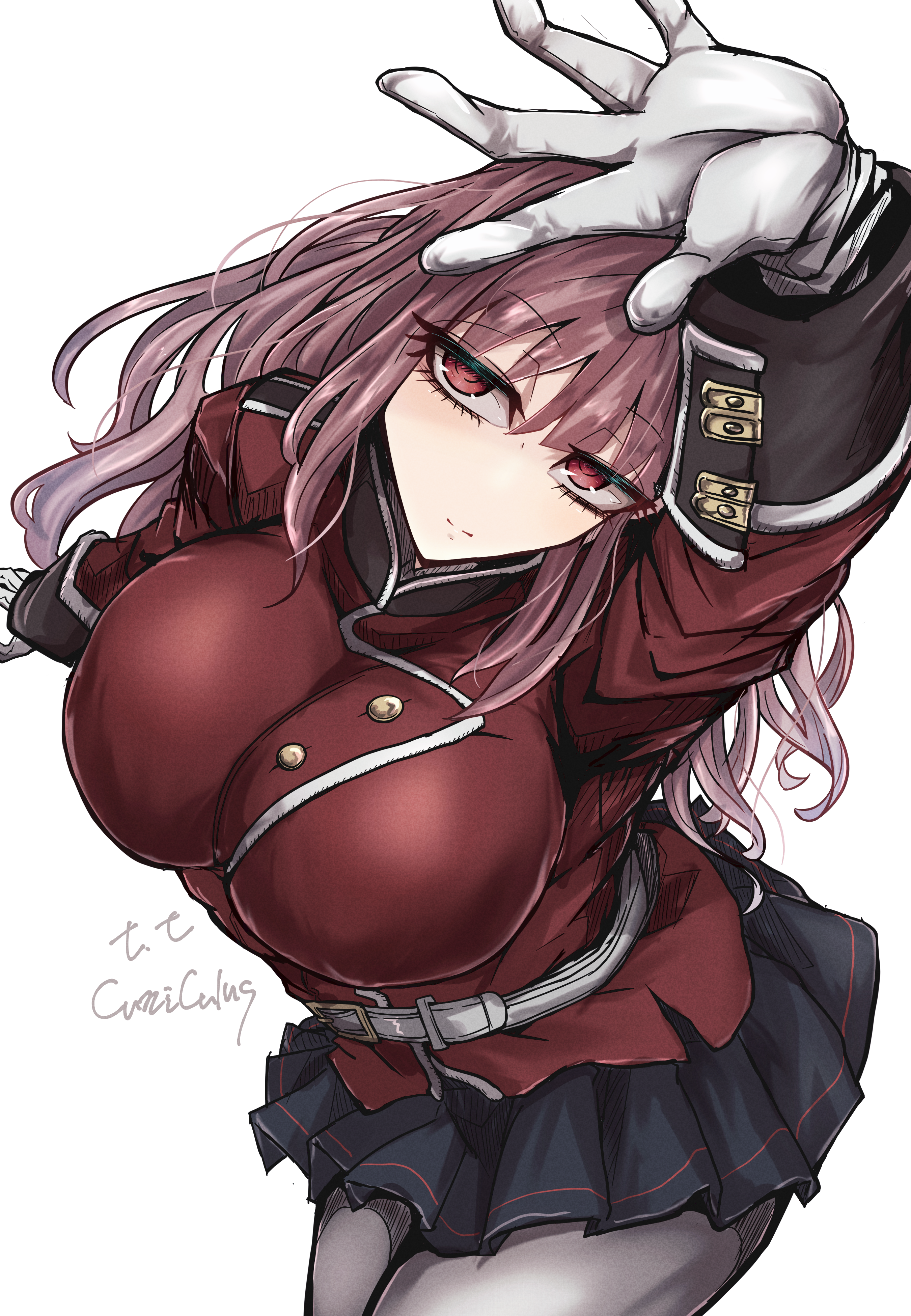tettsui kusuru, florence nightingale (fate), fate/grand order, fate (series), absurdres, commentary, highres, 1girl, artist name, black skirt, breasts, gloves, hair down, large breasts, long hair, pink hair, red eyes, red shirt, shirt, simple background, skirt, solo, white background, white gloves