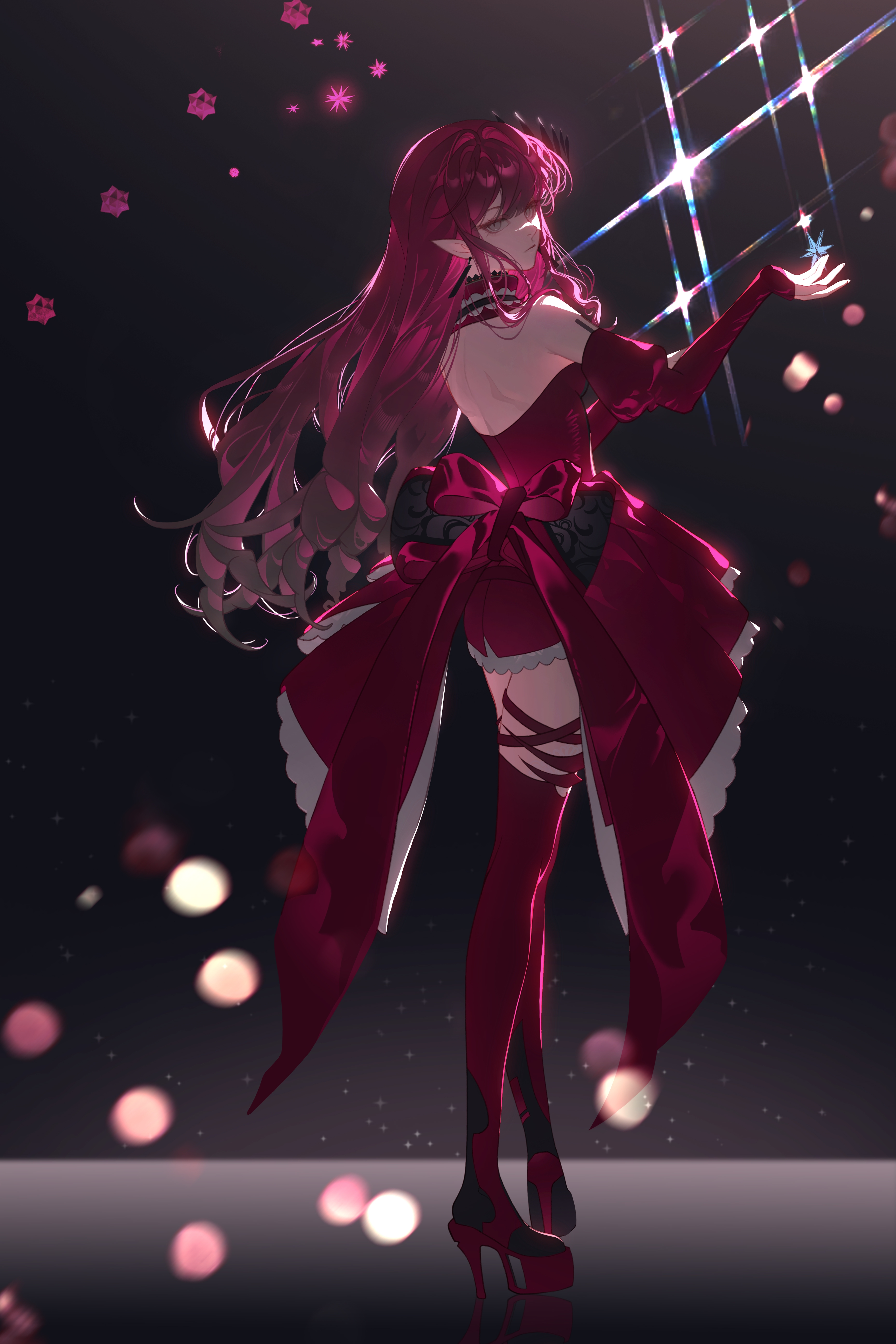 baobhan sith (fate), baobhan sith (first ascension) (fate), fate/grand order, fate (series), absurdres, highres, 1girl, boots, detached sleeves, dress, earrings, from behind, full body, grey eyes, hair ornament, hand up, high heel boots, high heels, jewelry, juliet sleeves, long hair, long sleeves, looking at viewer, pink hair, platform heels, pointy ears, puffy sleeves, red dress, rujianhuaiyou, solo, thigh boots