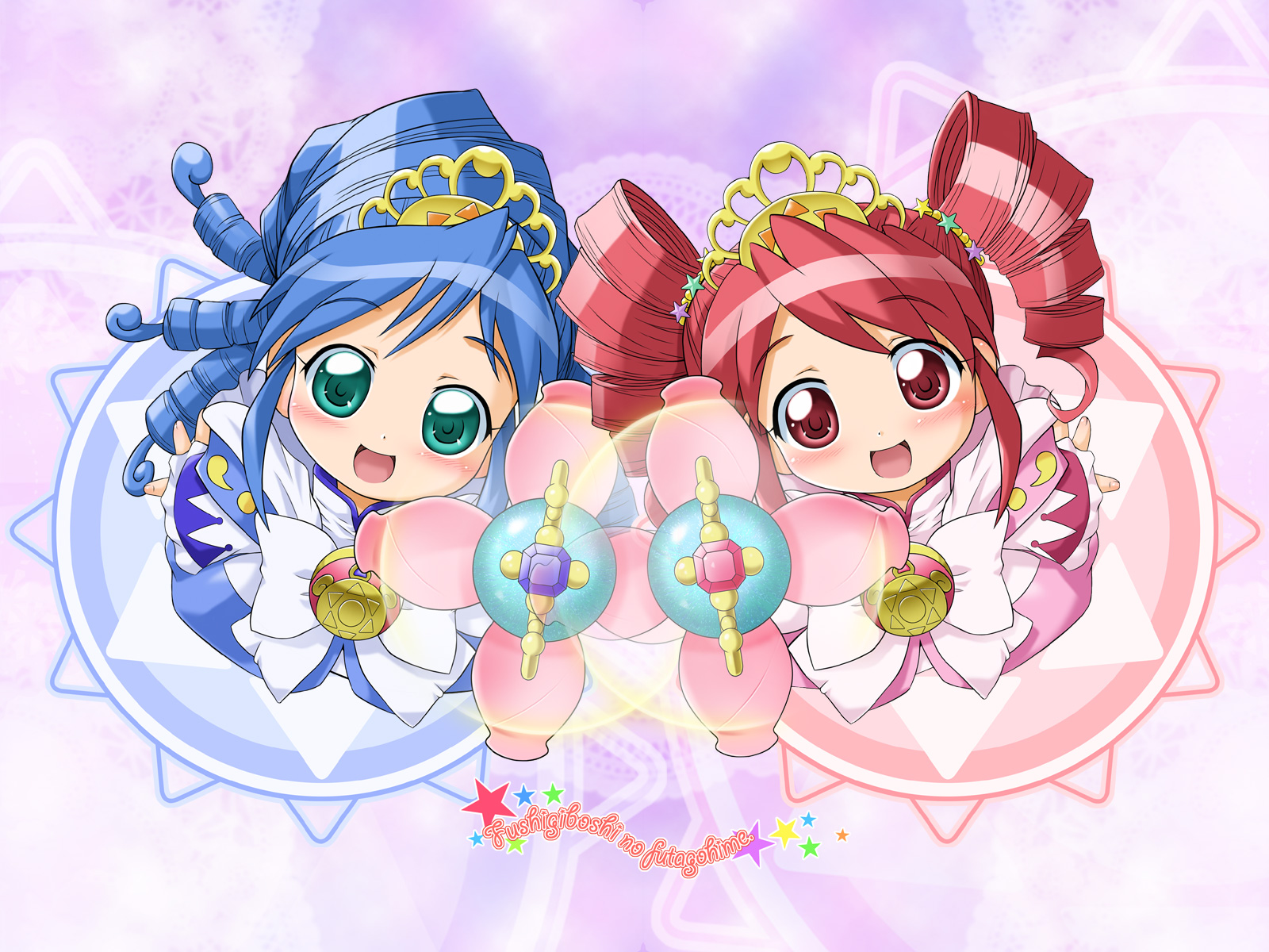 tokuda shinnosuke, fine (futagohime), fine (prominence dress up) (futagohime), rein (futagohime), rein (prominence dress up) (futagohime), fushigiboshi no futago hime, highres, 00s, bow, drill hair, tiara, twintails, wand