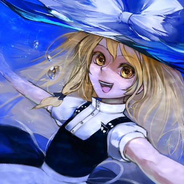 xero, kirisame marisa, touhou, 1girl, :d, blonde hair, dress, female focus, flat chest, hair ribbon, hat, hat ribbon, looking at viewer, open mouth, outstretched arms, puffy sleeves, ribbon, smile, solo, teeth, underwater, water, witch hat, yellow eyes