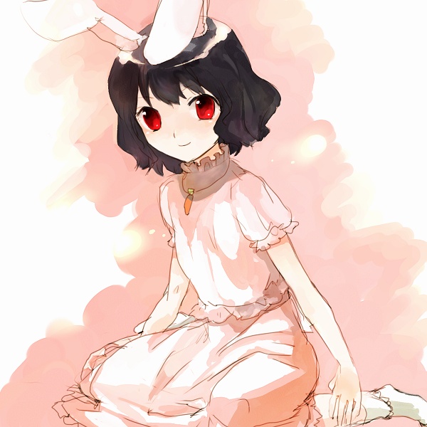 xero, inaba tewi, touhou, 1girl, animal ears, black hair, bobby socks, carrot necklace, female focus, jewelry, looking at viewer, necklace, pink skirt, puffy sleeves, rabbit ears, red eyes, short hair, simple background, sitting, sketch, skirt, smile, socks, solo, white socks