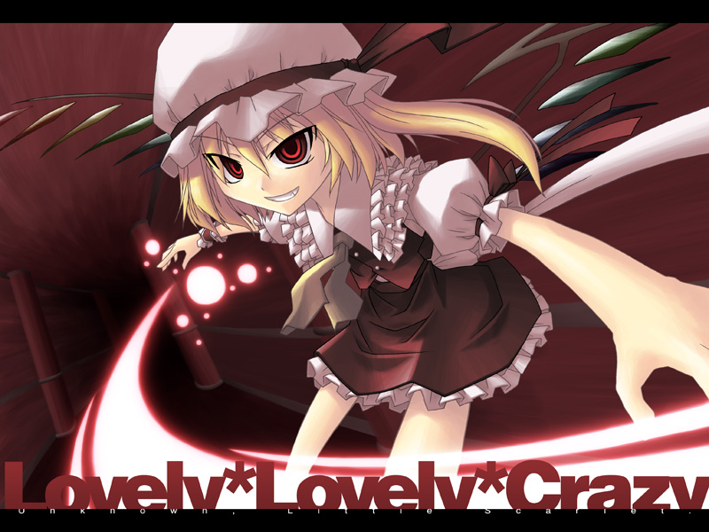 akakage red, red (artist), flandre scarlet, touhou, >:d, 1girl, :d, blonde hair, collar, dress, evil grin, evil smile, female focus, frilled collar, frilled shirt collar, frills, glowing, grin, hat, hat ribbon, letterboxed, magic, mob cap, open mouth, orb, outstretched arms, red dress, ribbon, short hair, side ponytail, smile, solo, teeth, v-shaped eyebrows, wings