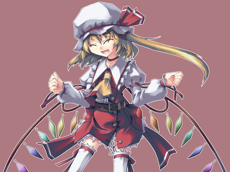 akakage red, red (artist), flandre scarlet, touhou, 1girl, :d, ^ ^, belt, choker, closed eyes, cross, cross necklace, fang, female focus, hat, hat ribbon, jewelry, mob cap, necklace, open mouth, ribbon, short hair with long locks, side ponytail, smile, solo, thighhighs, wings