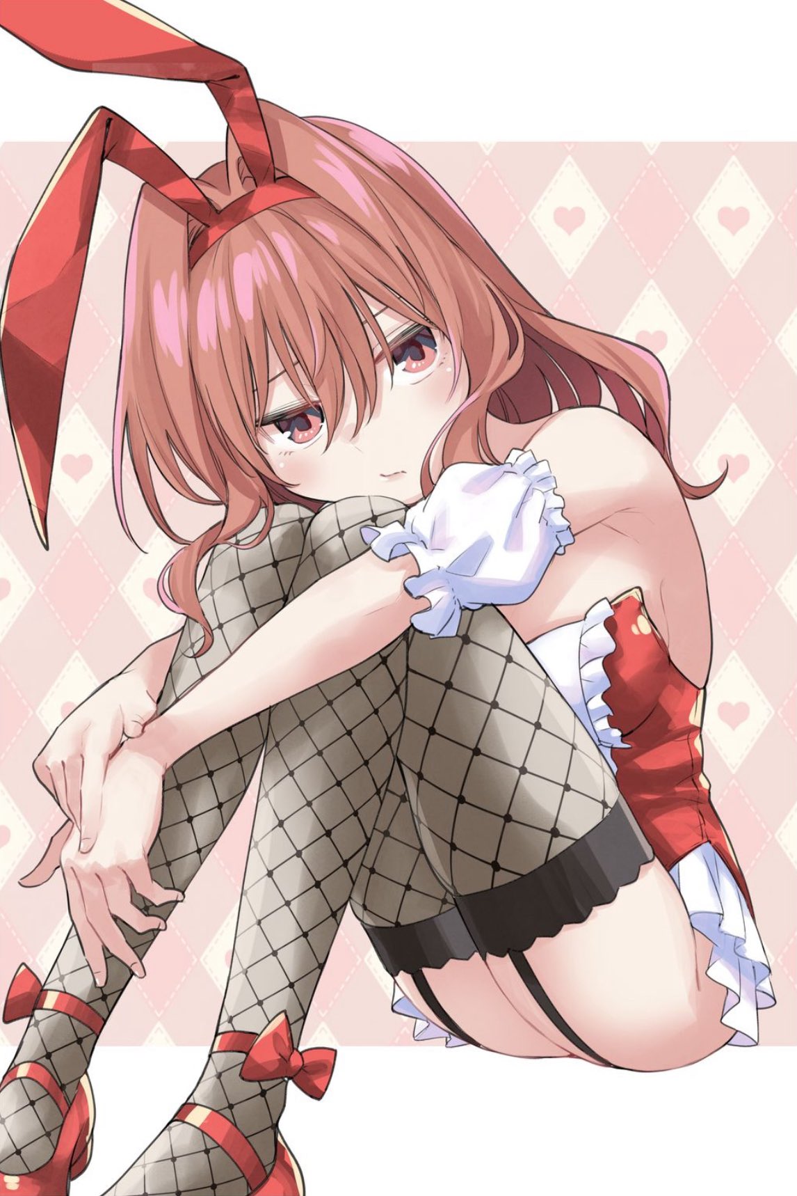 marcey, amagami yuna, amagami-san chi no enmusubi, red footwear, highres, official art, 1girl, animal ear hairband, animal ears, ankle bow, ankle ribbon, ankle strap, argyle background, ass, black thighhighs, border, bow, breasts, closed mouth, detached sleeves, double-parted bangs, fake animal ears, fingernails, fishnet thighhighs, fishnets, frilled leotard, frilled sleeves, frills, garter straps, hair between eyes, hair intakes, hairband, heart, high heels, knees to chest, knees together feet apart, knees up, leg ribbon, leotard, long bangs, long hair, medium breasts, orange hair, own hands together, pigeon-toed, pink background, playboy bunny, pout, puffy short sleeves, puffy sleeves, rabbit ear hairband, rabbit ears, red bow, red eyes, red hairband, red leotard, ribbon, short sleeves, signature, sitting, solo, strapless, strapless leotard, thighhighs, thighs, white border