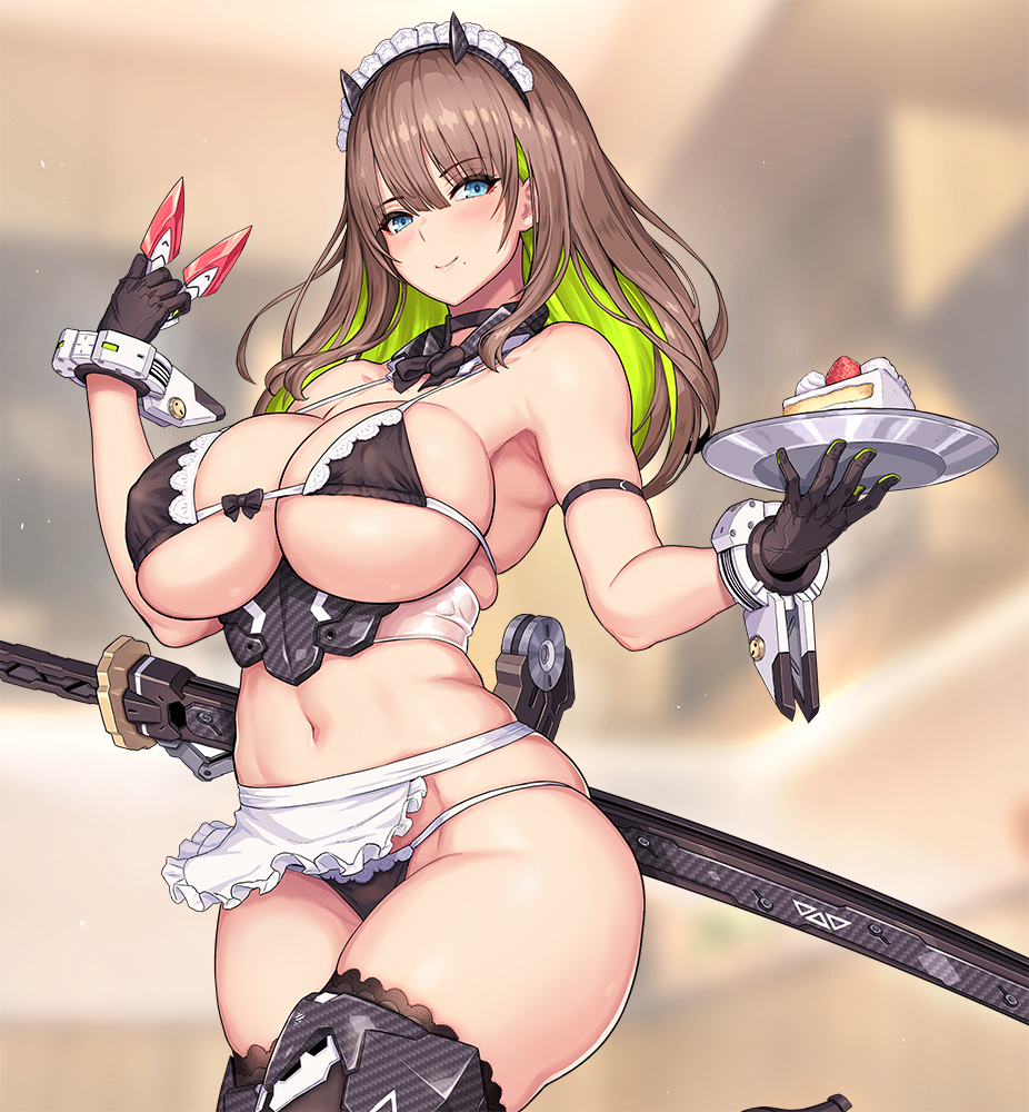 nidy, blade (nidy), original, 1girl, apron, armpits, bikini, blue eyes, bracelet, breasts, brown hair, cake, cake slice, food, fruit, gloves, green hair, huge breasts, jewelry, katana, kunai, long hair, maid, maid headdress, mecha, micro bikini, multicolored hair, navel, robot, smile, strawberry, swimsuit, sword, thong, tray, two-tone hair, weapon