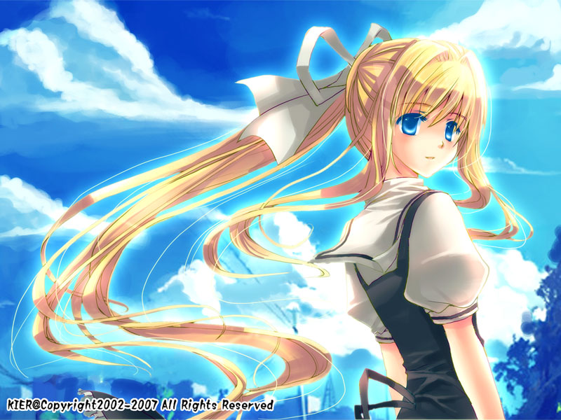 kier (k neko), kamio misuzu, air (visual novel), 00s, 1girl, blonde hair, blue eyes, cloud, day, dress, female focus, long hair, ponytail, ribbon, school uniform, serafuku, sky, solo, very long hair