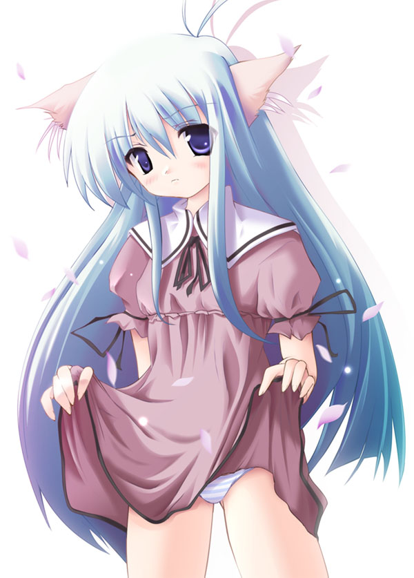 safi, original, 1girl, animal ears, blue hair, blush, cat ears, dress, female focus, long hair, panties, ribbon, solo, striped clothes, striped panties, underwear