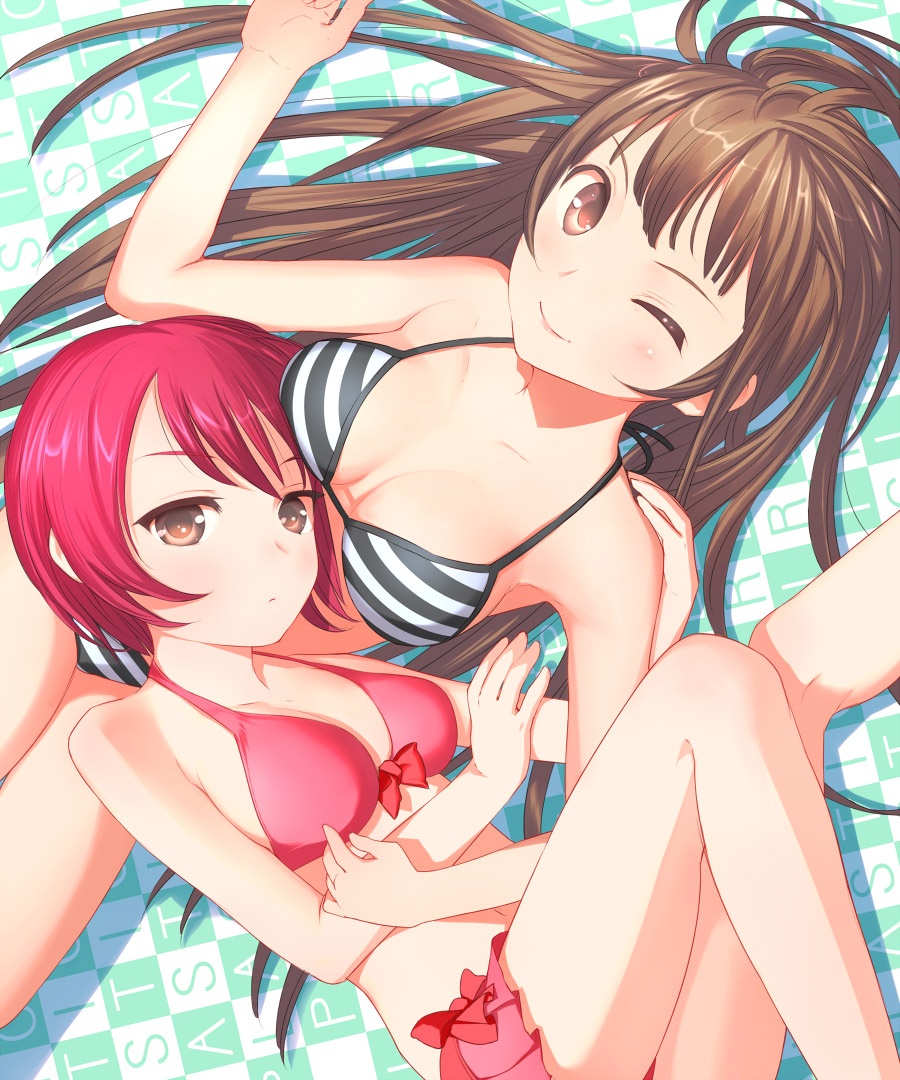 uni (plastic girl), original, duplicate, 2girls, ;), bare arms, bare shoulders, bikini, breasts, brown eyes, brown hair, collarbone, long hair, looking at viewer, lying, medium breasts, multiple girls, navel, on back, one eye closed, red bikini, red hair, short hair, smile, striped bikini, striped clothes, swimsuit, wink