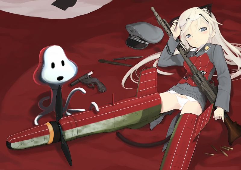 shimada fumikane, erma werke, konami mecha musume, original, walther, 1girl, 26.65mm flare, alien, ammunition, blonde hair, blue eyes, break-action flare gun, break-action pistol, break action, female focus, flare, flare cartridge, flare gun, glasses, gun, handgun, handgun cartridge, hat, knife, leuchtpistole, leuchtpistole 42, long hair, lowleg, lowleg panties, machine gun, mecha musume, modular weapon system, panties, pantyshot, pistol, pistol cartridge, rifle, rifle cartridge, solo, striker unit, transforming weapon, underwear, weapon