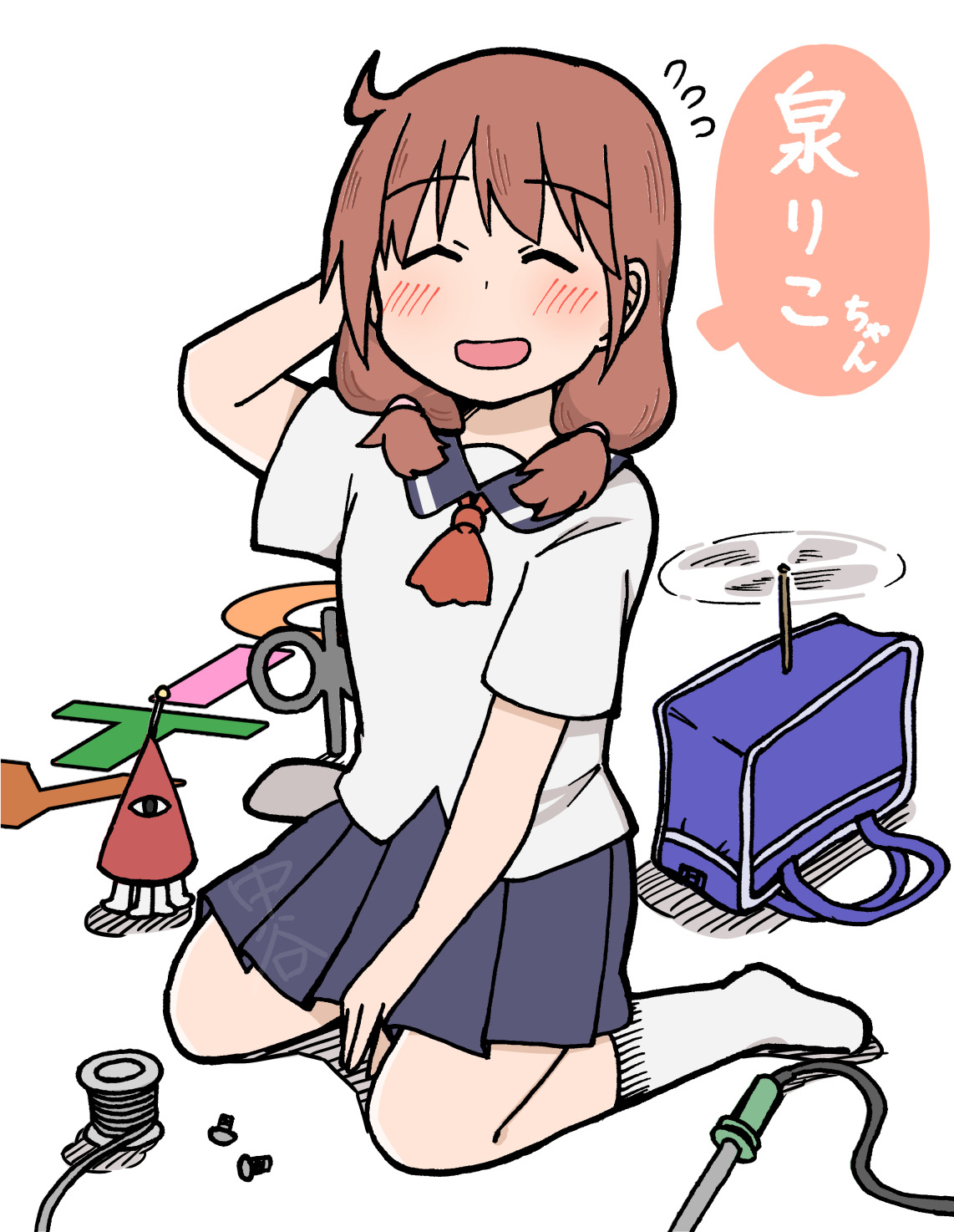 nakaya hinako, izumi riko (city), city (arawi keiichi), 1girl, ascot, bag, blsuh, blue sailor collar, blue skirt, brown hair, closed eyes, flying sweatdrops, medium hair, open mouth, pleated skirt, propeller, red ascot, sailor collar, school uniform, serafuku, shirt, sitting, skirt, socks, solo, speech bubble, wariza, white serafuku, white shirt, white socks, winding key