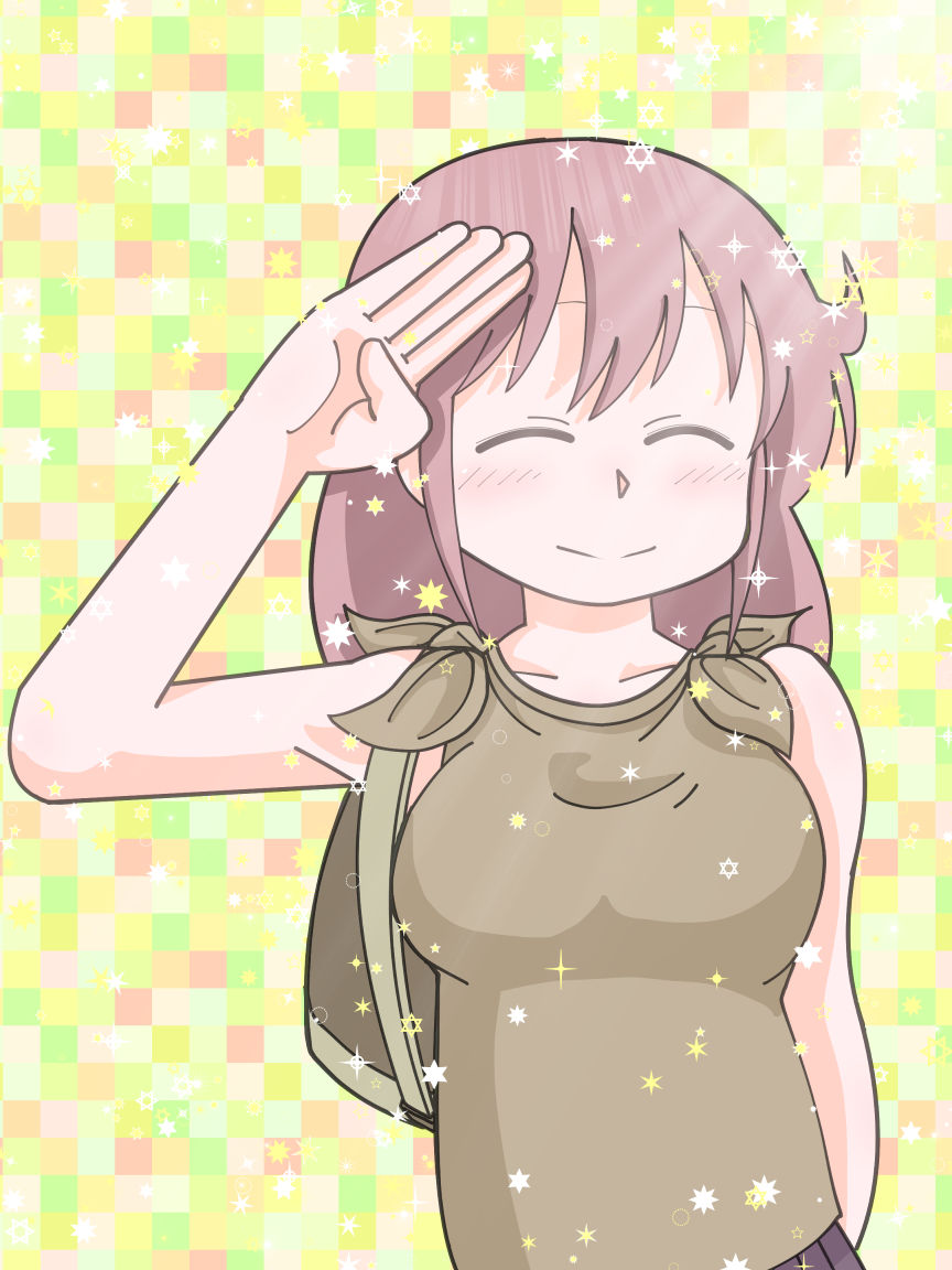 a-king, izumi riko (city), city (arawi keiichi), 1girl, blush, brown hair, closed eyes, closed mouth, collarbone, green shirt, lage breasts, long hair, salute, shirt, skirt, sleeveless, sleeveless shirt, smile, sparkle