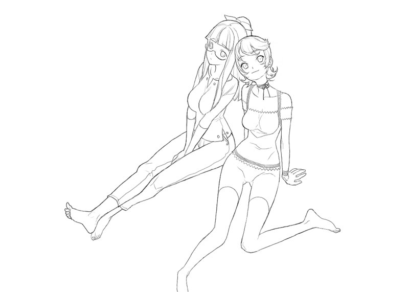 nekonoji, tensugi takashi, original, 2girls, arm support, arms at sides, bare shoulders, barefoot, bike shorts, blouse, blunt bangs, breasts, breasts squeezed together, cleavage, collarbone, feet, flipped hair, foot out of frame, from above, glasses, gluteal fold, greyscale, head tilt, large breasts, legs together, light smile, lineart, medium breasts, monochrome, multiple girls, own hands together, ponytail, shirt, side-by-side, sitting, skin tight, soles, swept bangs, toenails, toes, v arms
