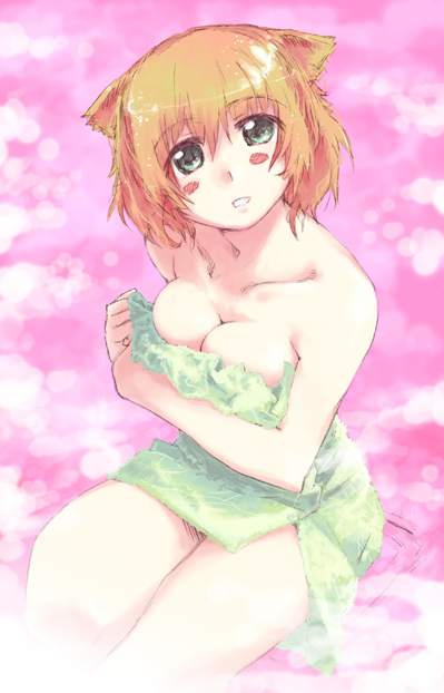 original, 1girl, animal ears, breasts, cat ears, cleavage, female focus, naked towel, solo, towel