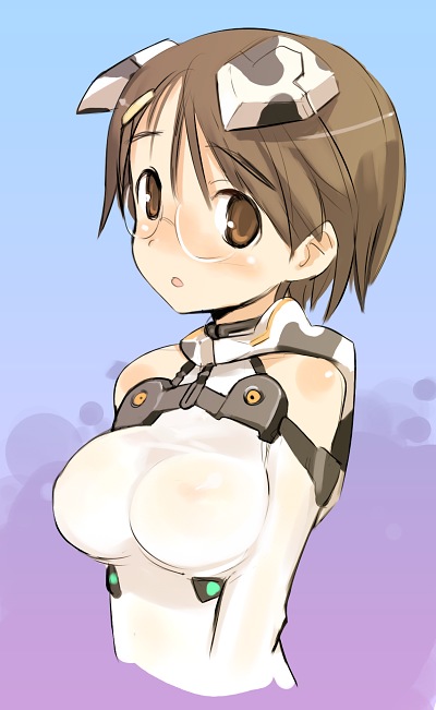 shimada fumikane, fujieda nanae, sky girls, 00s, 1girl, breasts, brown eyes, brown hair, female focus, glasses, huge breasts, leotard, mecha pilot suit, motion slit, motionslit, nipples, see-through clothes, short hair, solo