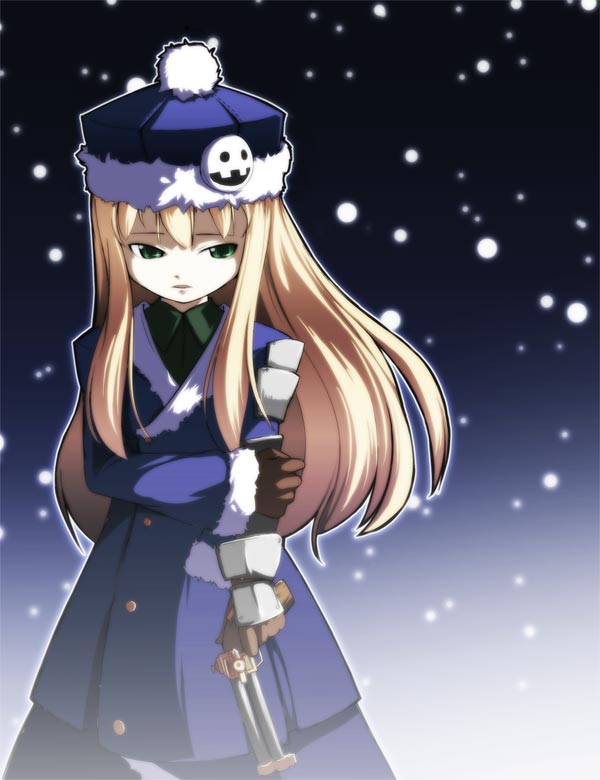 asakura masatoki, gunner (sekaiju), gunner 2 (sekaiju), jack frost (megami tensei), atlus, etrian odyssey, 1girl, blonde hair, female focus, green eyes, gun, long hair, sad, snow, snowing, solo, weapon, winter clothes