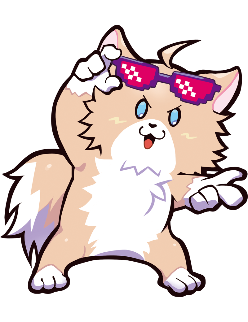 puppeteer7777, crazy raccoon, official art, second-party source, ahoge, animal focus, anime coloring, aqua eyes, black mouth, blush, brown fur, brown tail, dog, facing viewer, fewer digits, full body, heart-shaped nose, holding, holding removed eyewear, like a boss glasses, open mouth, pink-tinted eyewear, pointing, purple-framed eyewear, razl, solo, tachi-e, thick lineart, tinted eyewear, tongue, transparent background, unworn eyewear, white fur, white tail
