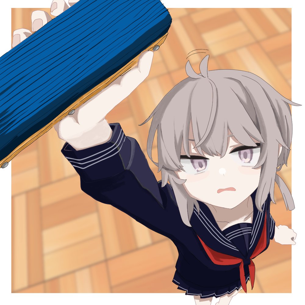 meta0614, m200 (girls' frontline), girls' frontline, 1girl, alternate costume, black sailor collar, black shirt, black skirt, board eraser, brown hair, foreshortening, from above, holding board eraser, inset border, looking at viewer, neckerchief, open mouth, pleated skirt, purple eyes, red neckerchief, sailor collar, school uniform, serafuku, shirt, skirt, solo