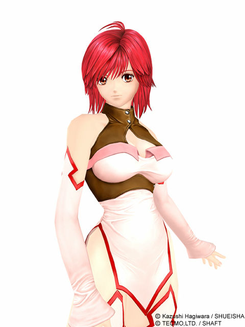 tia noto yoko, bastard!!, bastard online, official art, 1girl, 3d, antenna hair, bare shoulders, breasts, cleavage, cleavage cutout, clothing cutout, detached sleeves, female focus, mmorpg, orange eyes, pelvic curtain, red hair, short hair, solo, white background