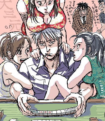 akagi shigeru, yasuoka, akagi, akagi: yami ni oritatta tensai, fukumoto mahjong, lowres, 3boys, 3girls, breast rest, breasts, breasts on head, china dress, chinese clothes, dress, large breasts, mahjong table, medium breasts, multiple boys, multiple girls, oekaki, table