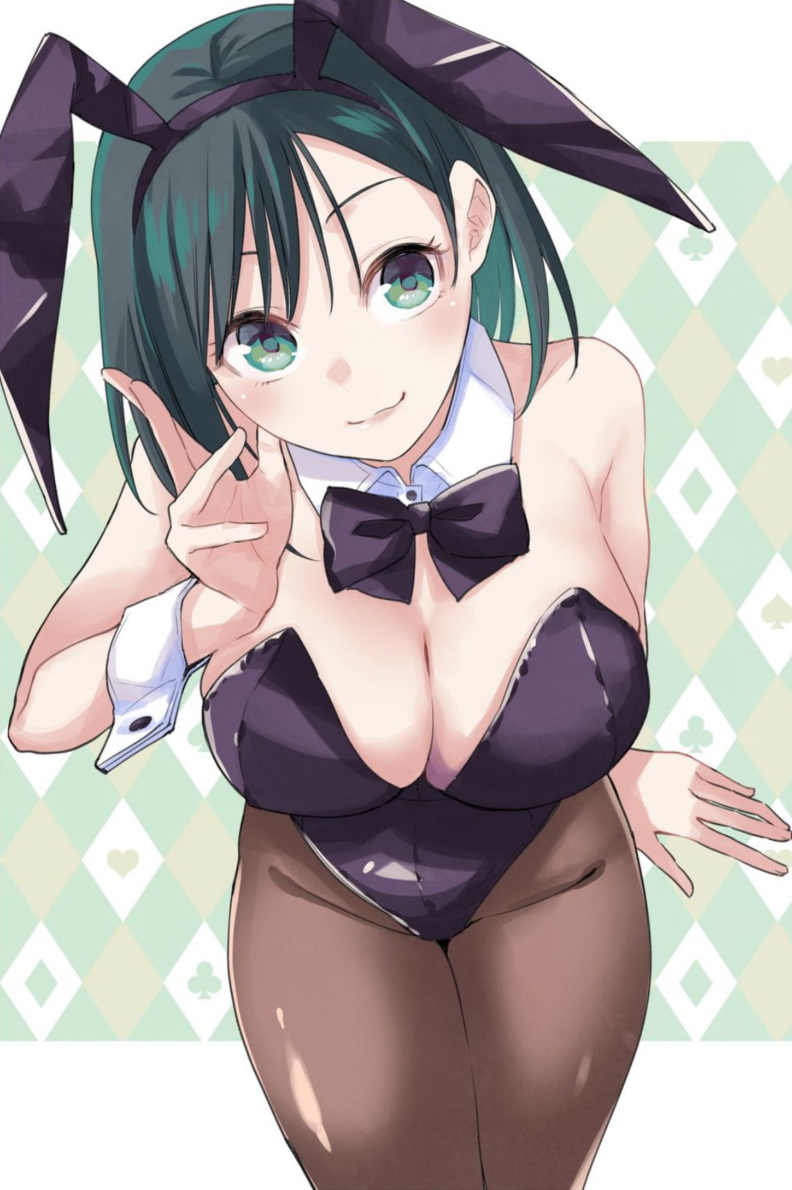 marcey, amagami yae, amagami-san chi no enmusubi, highres, official art, 1girl, animal ears, argyle background, bare shoulders, black bow, black bowtie, black hair, black leotard, blush, bow, bowtie, breasts, brown pantyhose, cleavage, cowboy shot, fake animal ears, green background, green eyes, green hair, groin, highleg, highleg leotard, large breasts, leotard, lips, looking at viewer, pantyhose, playboy bunny, rabbit ears, short hair, smile, wrist cuffs