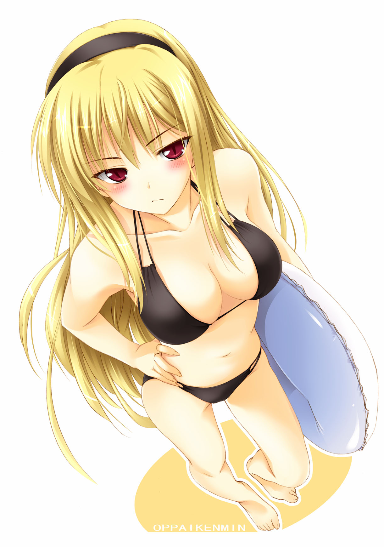 oppai kenmin, hime (kaibutsu oujo), kaibutsu oujo, highres, 00s, 1girl, artist name, barefoot, bikini, black bikini, blonde hair, blush, breasts, female focus, foreshortening, from above, hairband, hand on own hip, headband, innertube, large breasts, long hair, multi-strapped bikini bottom, multi-strapped bikini top, perspective, red eyes, slit pupils, solo, swim ring, swimsuit