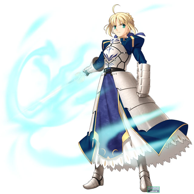 artoria pendragon (fate), saber (fate), fate/stay night, fate (series), 00s, 1girl, armor, armored dress, blonde hair, dress, excalibur (fate/stay night), faulds, female focus, gauntlets, green eyes, hair ribbon, invisible air (fate), ribbon, solo, sword, weapon
