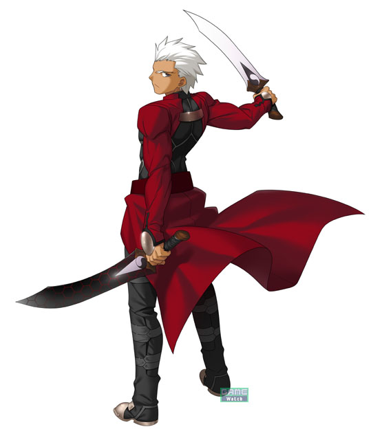 archer (fate), fate/stay night, fate (series), 00s, 1boy, dark-skinned male, dark skin, kanshou & bakuya (fate), male focus, short hair, simple background, solo, sword, watermark, weapon, white hair